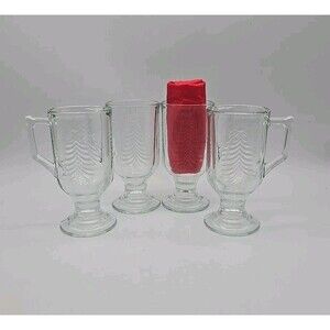 VTG Indiana Glass Holiday Christmas Tree Embossed 5.5" Clear Irish 4 Coffee Mugs